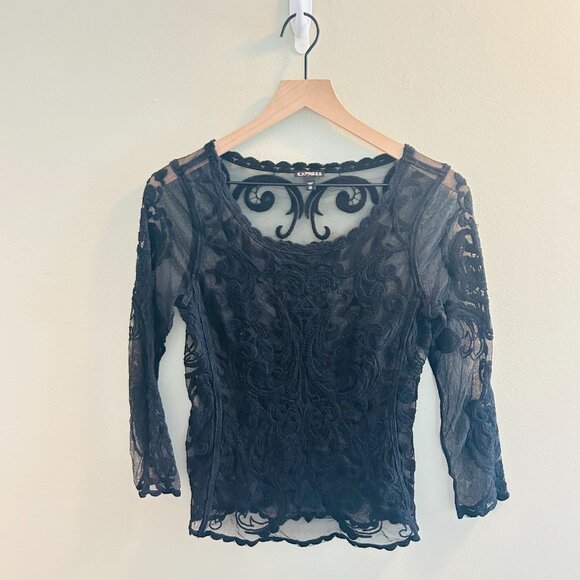 Express Embroidered Mesh Long Sleeve Blouse Womens Size XS Black Lace Sheer - Picture 2 of 10
